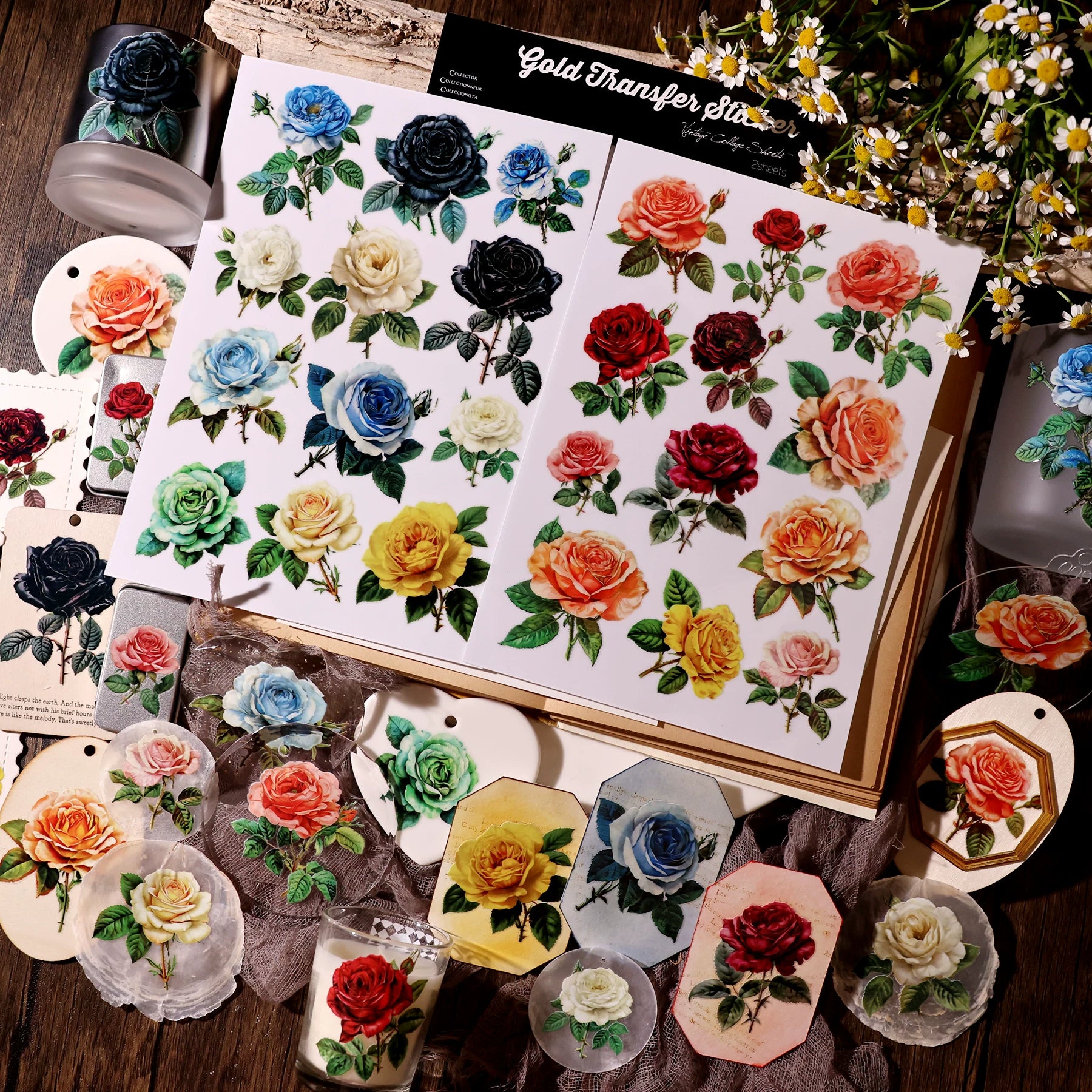 2 Sheets Waterproof Rub on Stickers - Vintage Rose