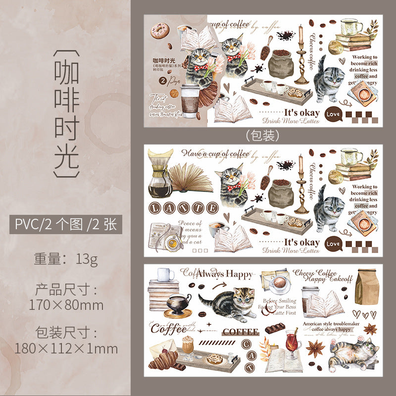 2 Sheets Cat Coffee Transfer Stickers HKFDM