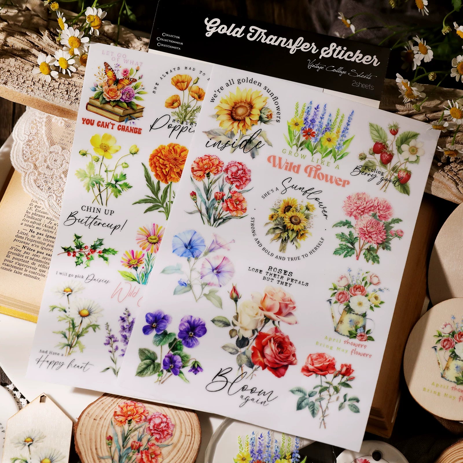 2 Sheets Waterproof Rub on Stickers - Flower Quotes