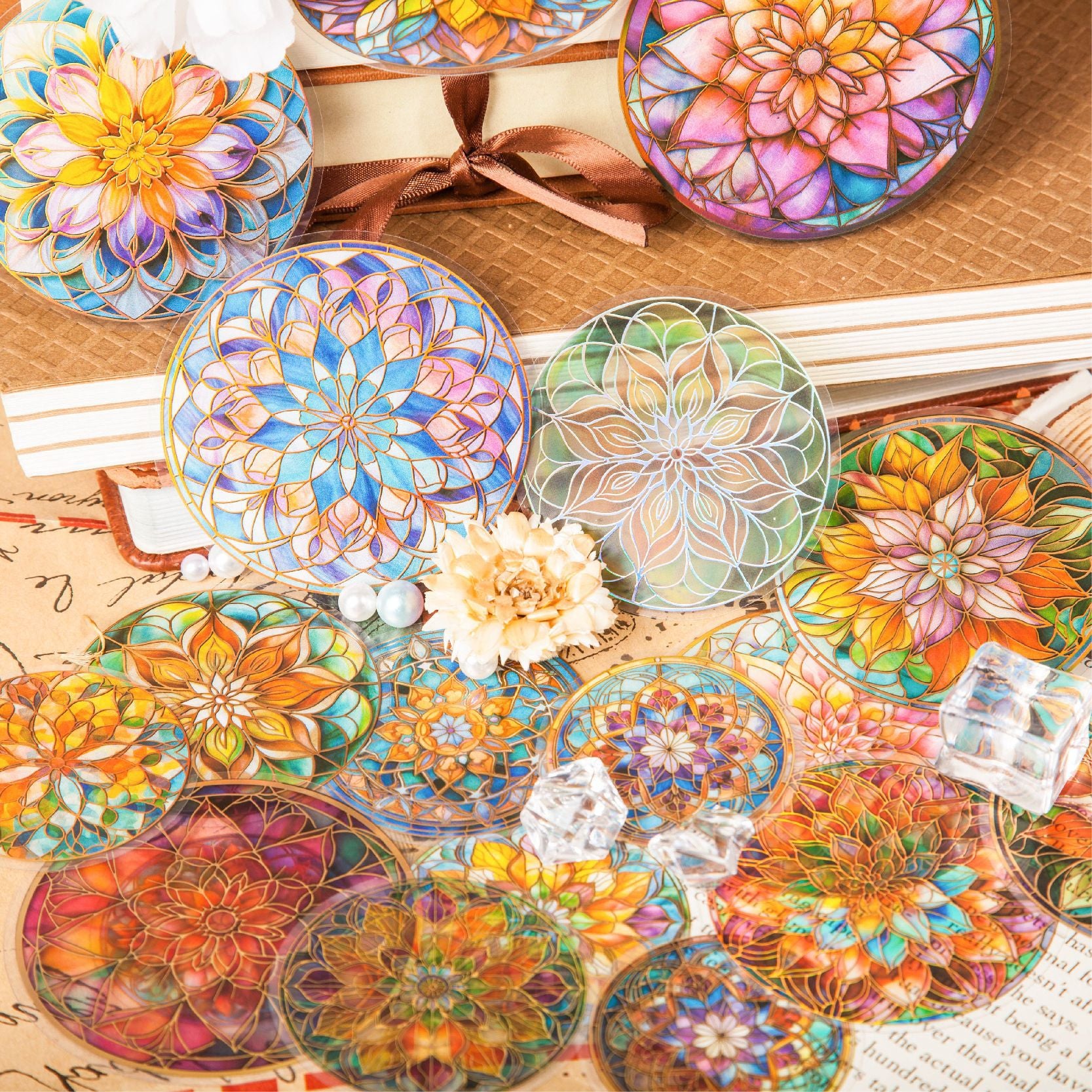12 Pcs Round Flowers PET Stickers LLMTL