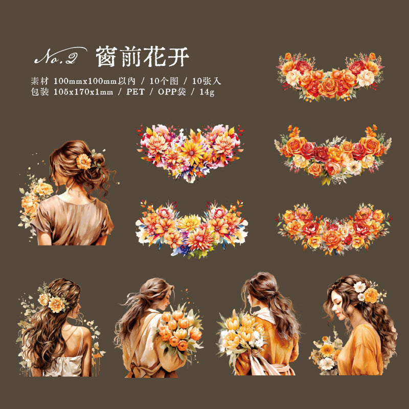10 Pcs PET Flower and Girl Stickers HJBJ