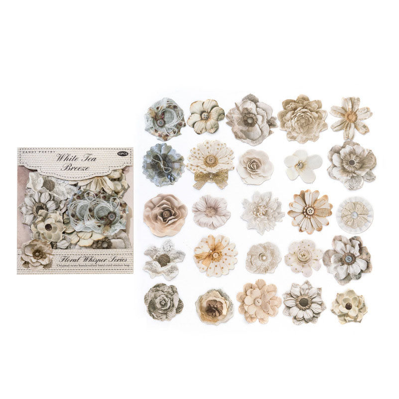 50 Pcs Vintage Handmade Fabric Button Floral Stickers- White Tea