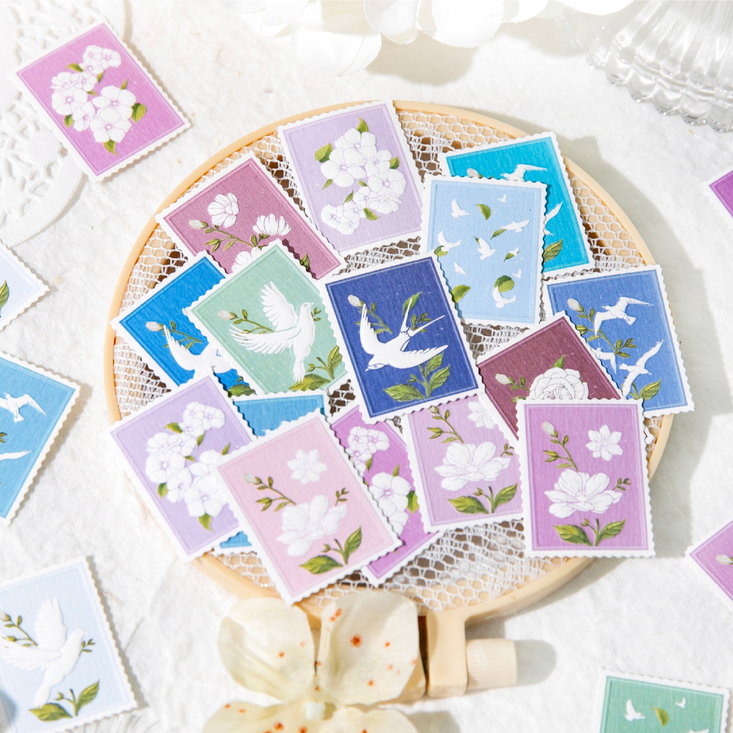 15 Pcs Pigeon Flower Post Stamp Stickers LXXL