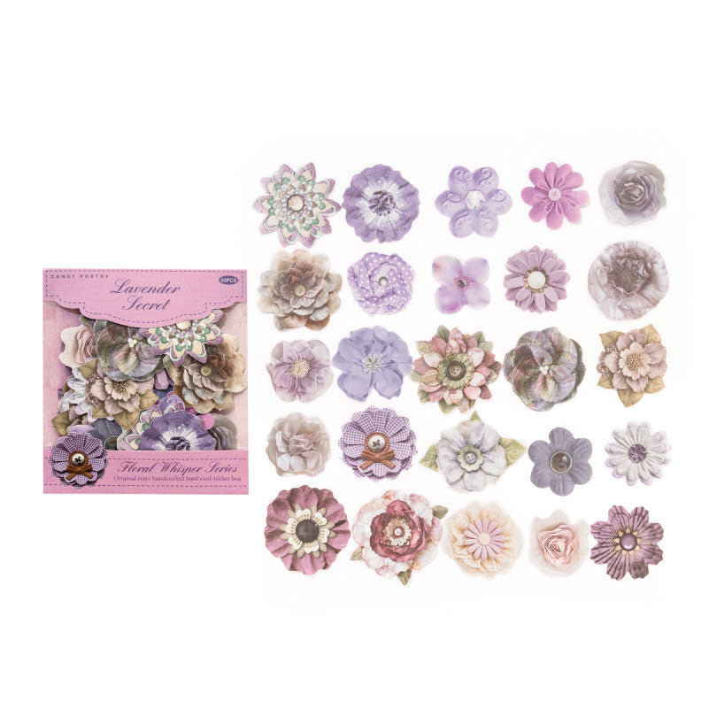 50 Pcs Vintage Handmade Fabric Button Floral Stickers- Autumn