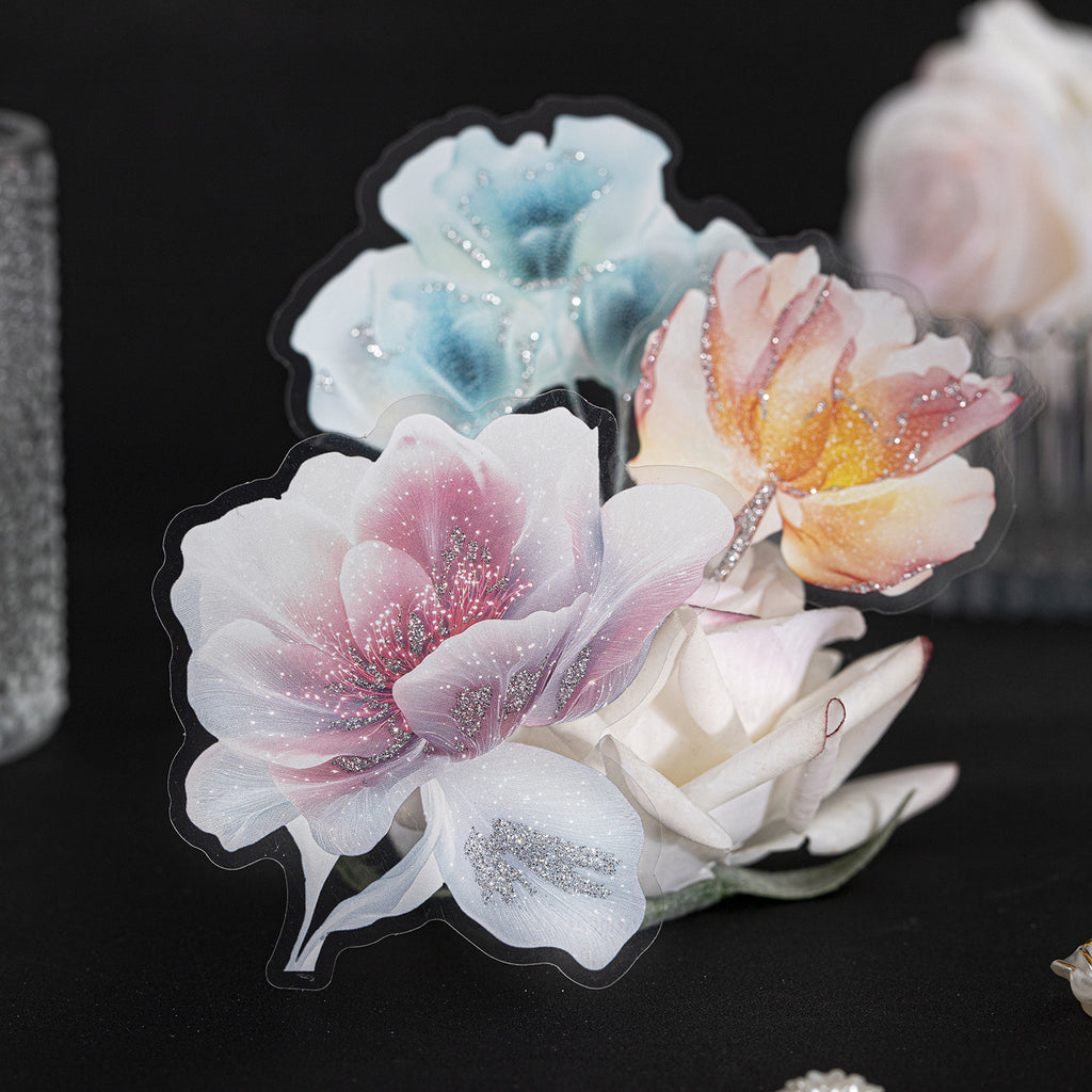 20 Pcs Silver Foil Flower PET Stickers LGHF