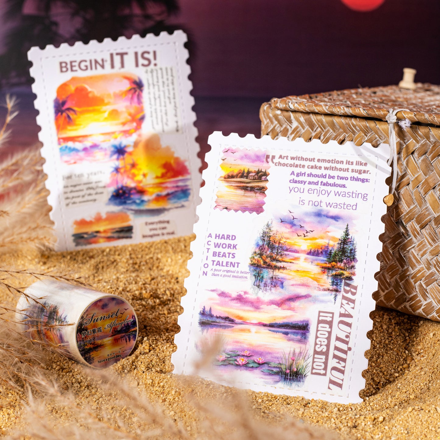 1 Roll Pre-cut Sunset Landscape PET Stickers Tape RLYH