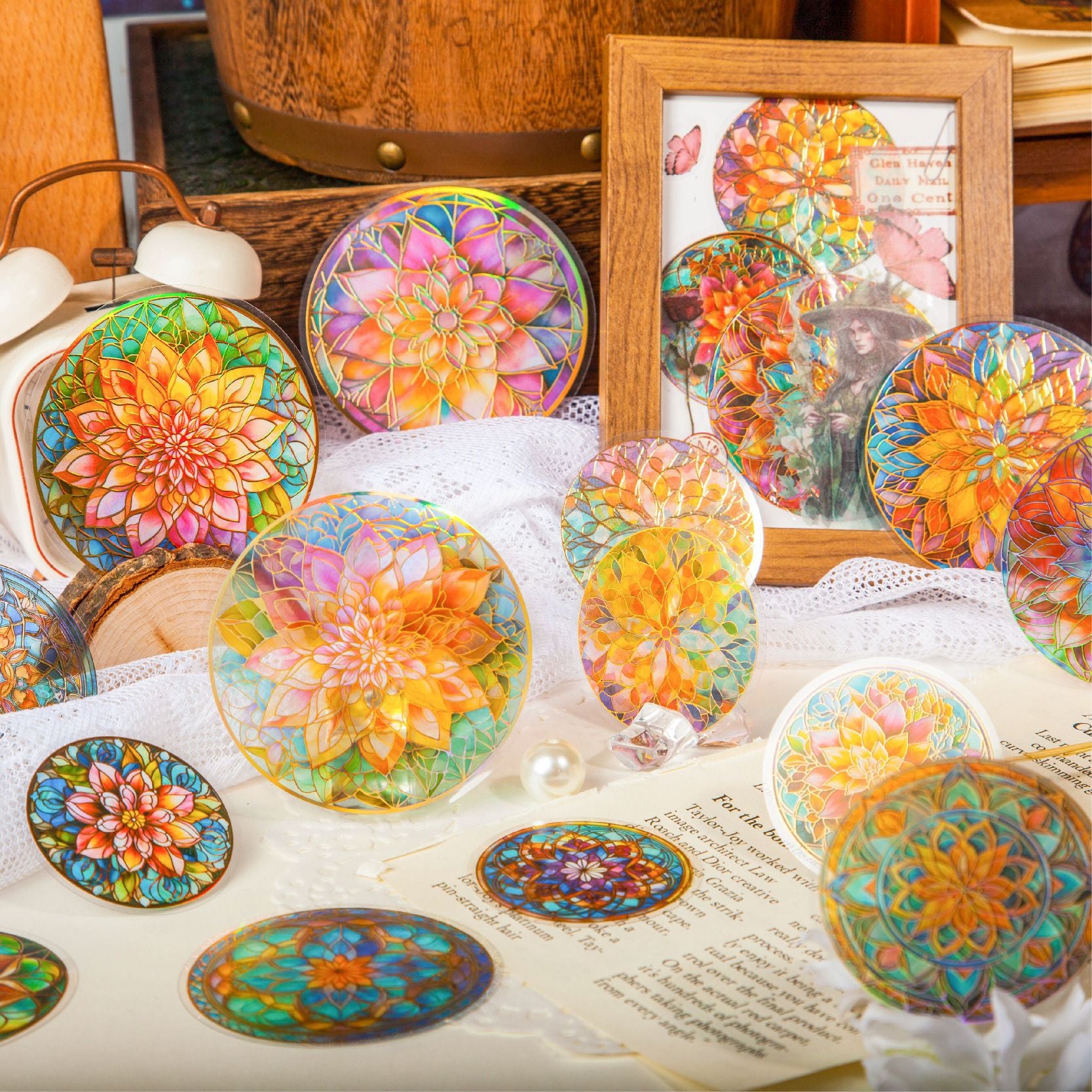 12 Pcs Round Flowers PET Stickers LLMTL