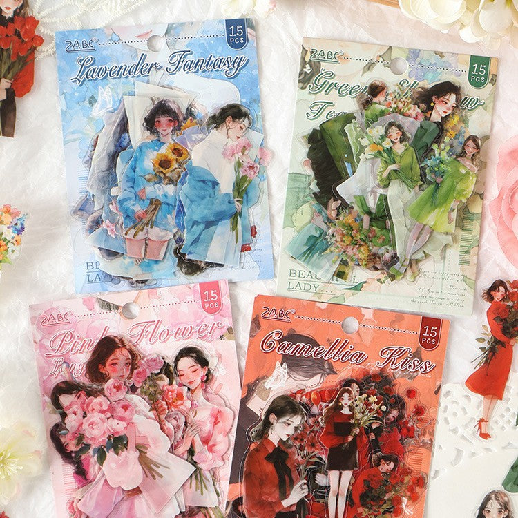 15 Pcs Flower Girl PET Stickers MMJR