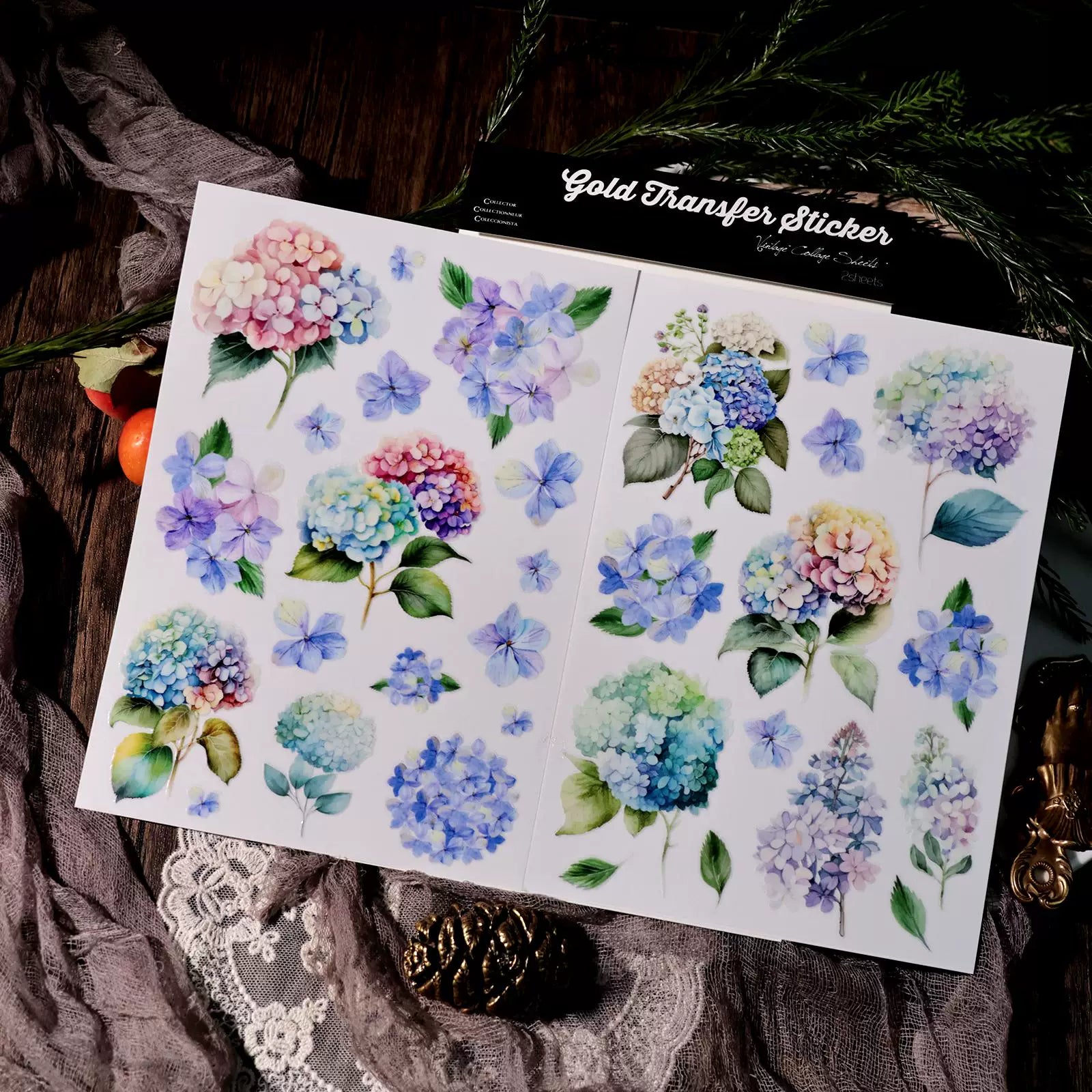 2 Sheets Waterproof Rub on Stickers - Hydrangea