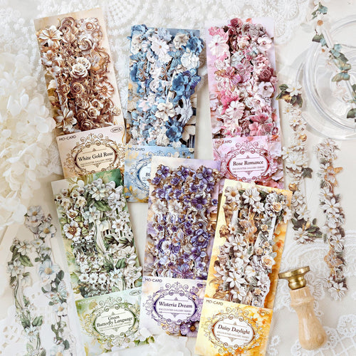 10 Pcs Vintage Baroque Relief Floral Kraft Stickers - Blue
