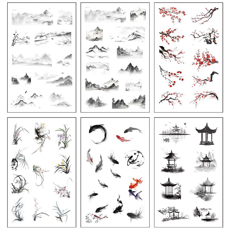 6 Pcs Ink Painting Style PET Stickers SMFX