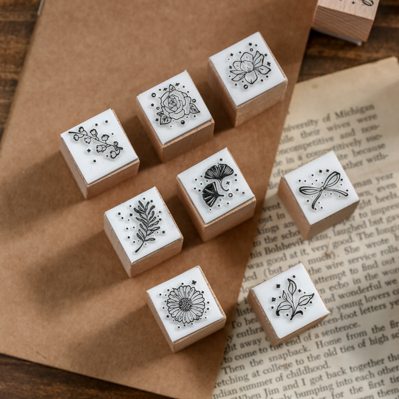 12 Pcs Celestial Flora Vintage Stardust Botanical Wooden Stamp Set