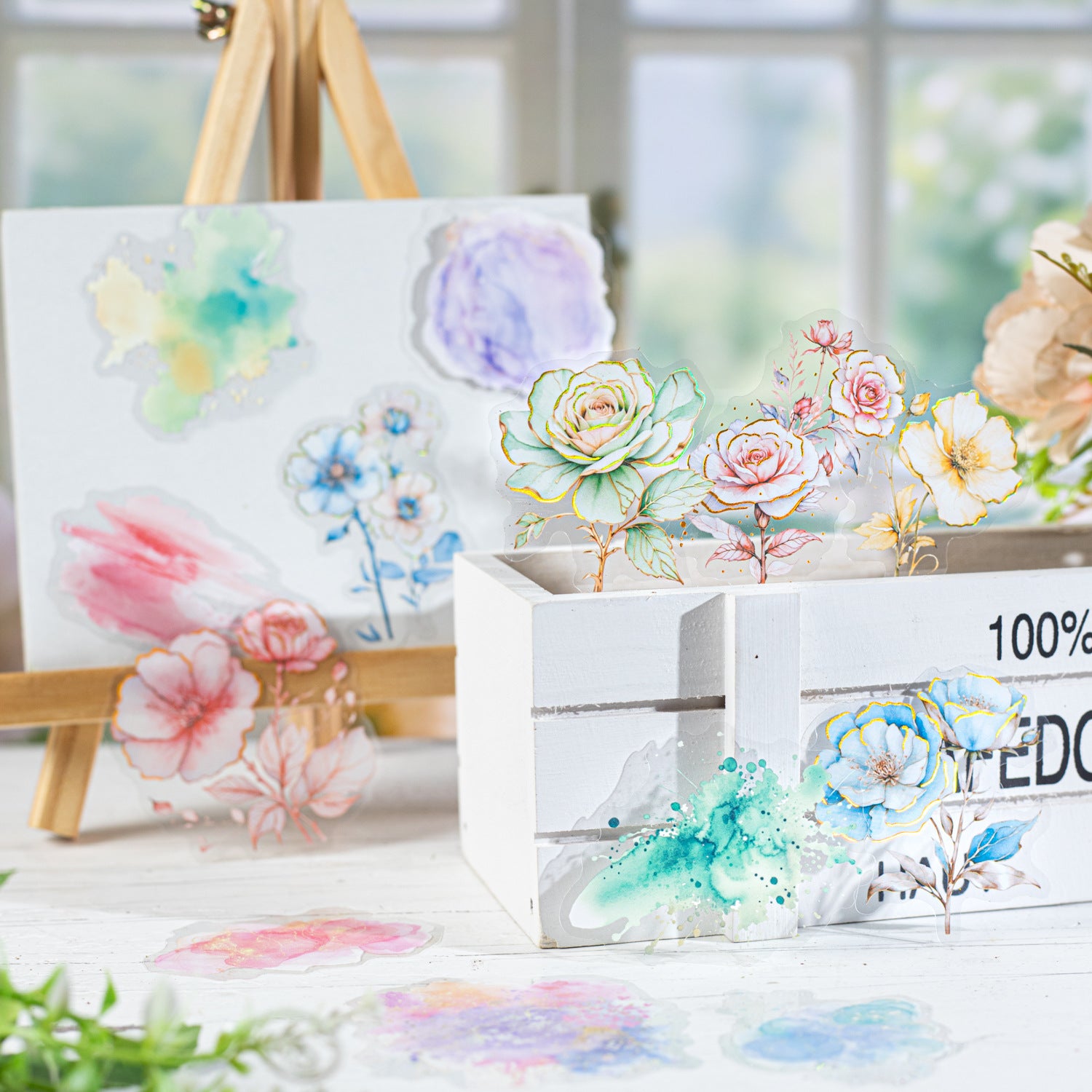 15 Pcs Glitter Watercolor Flower PET Stickers HYHZ