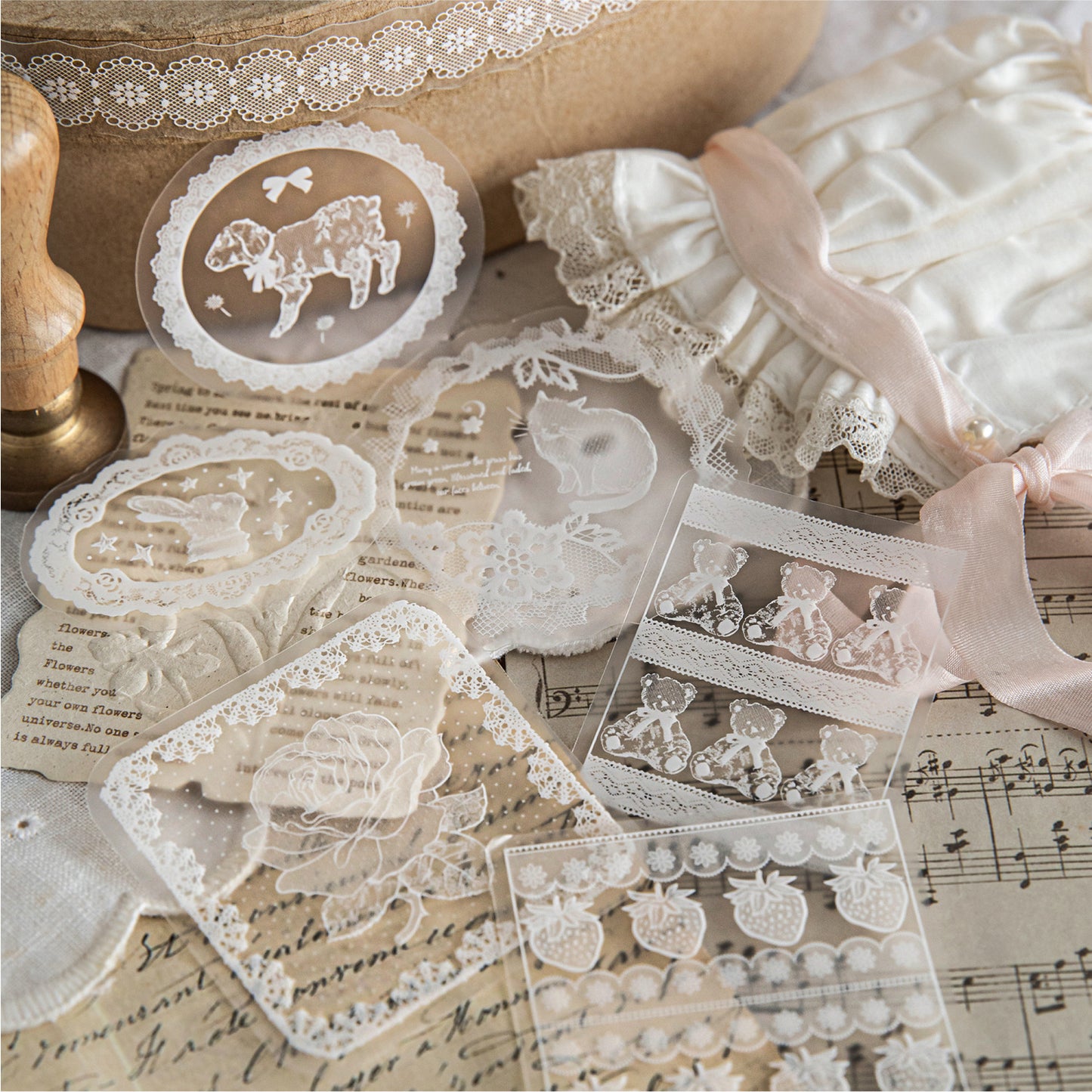 30 Pcs White Lace Themed PET Stickers LSWY