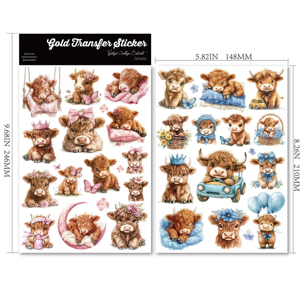 2 Sheets Waterproof Rub on Stickers - Baby Cow