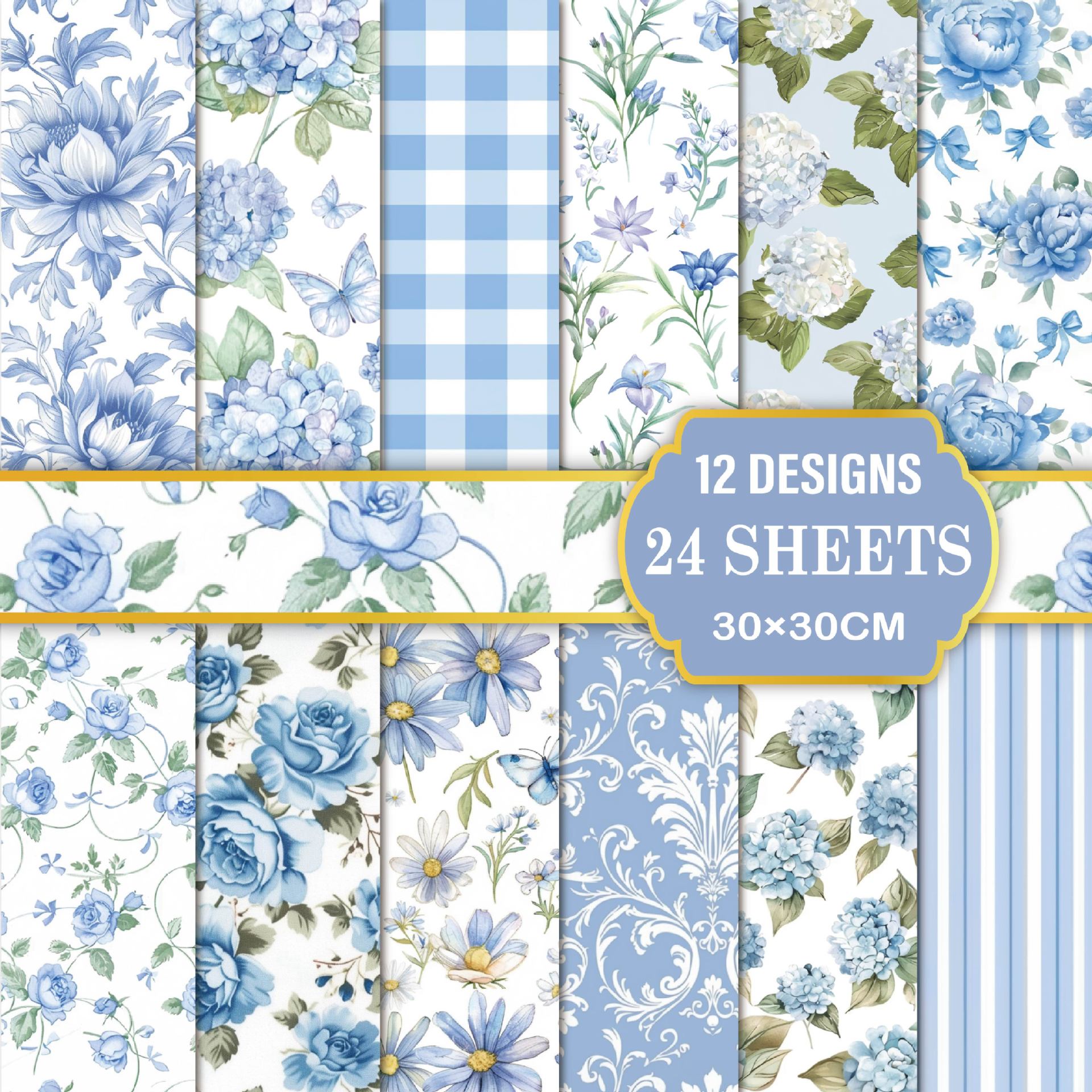12 inch Blue Floral Scrapbook Paper Pad PAJ001