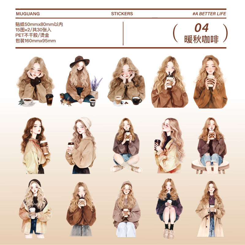 30 Pcs Fashion Girl PET Stickers MXSH