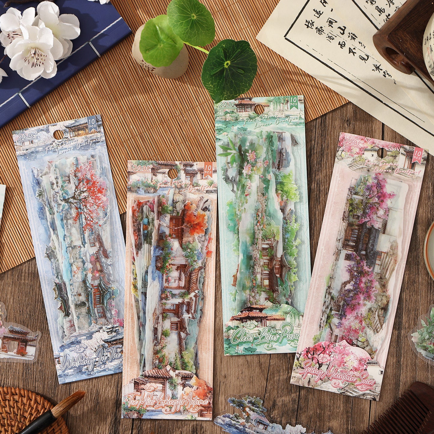 10 Pcs Seasonal Watercolor Landscape PET Stickers SSXT