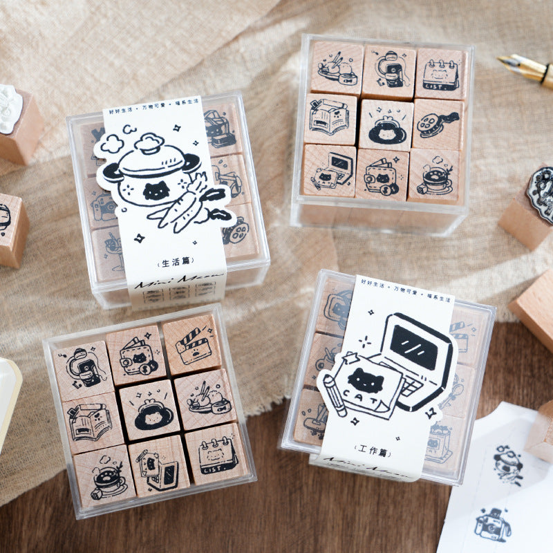 9 Pcs Creative Wooden Stamp Set MNMX