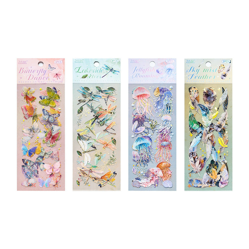 3 Sheets Feather Jellyfish PET Stickers LGMY