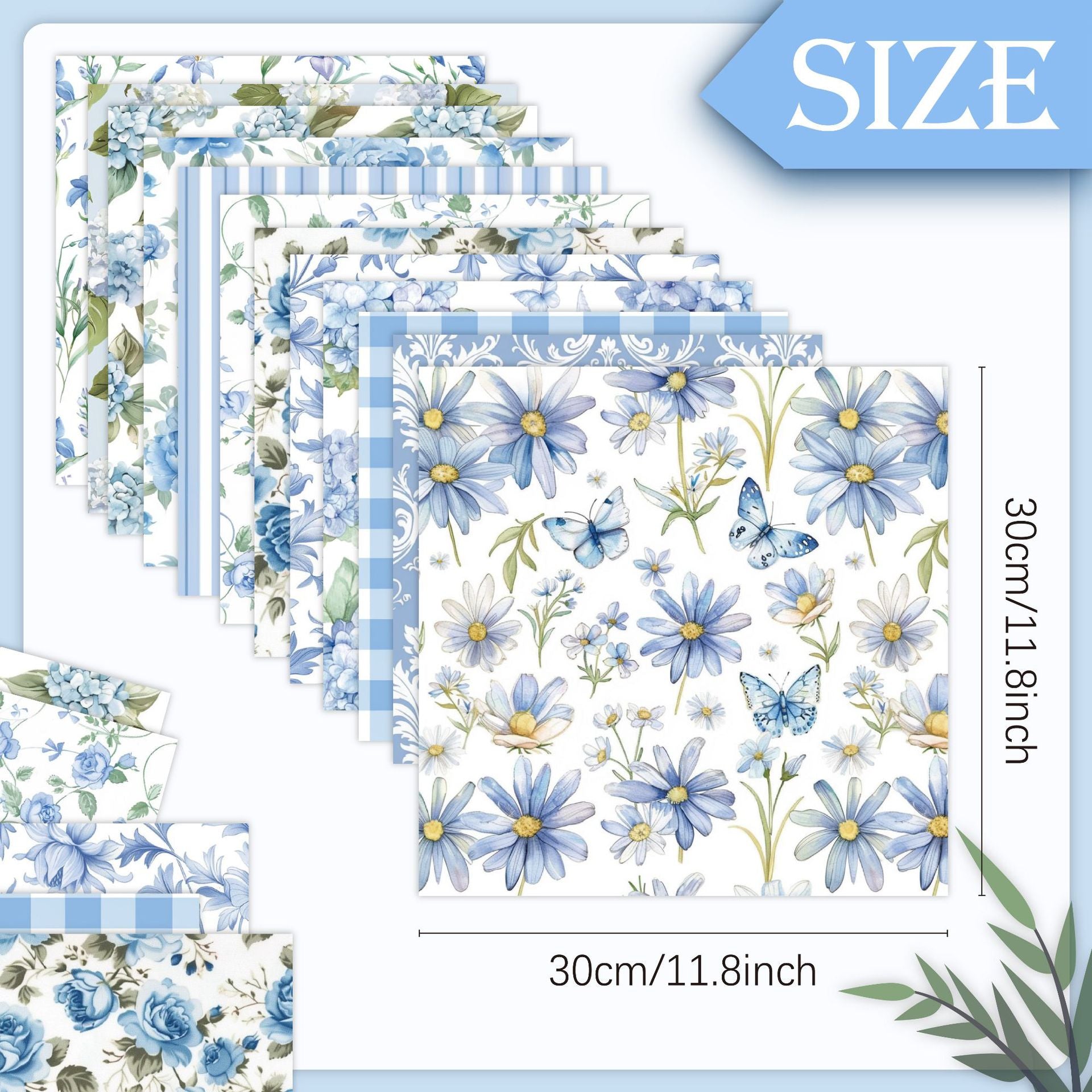 12 inch Blue Floral Scrapbook Paper Pad PAJ001