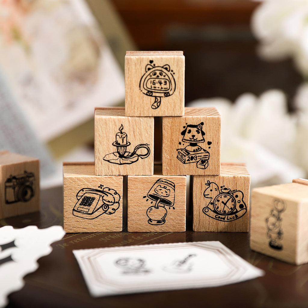 8 Pcs Cute Gadget Wooden Stamps Kit MKQX
