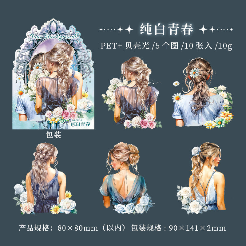 10 Pcs Girl Back PET Stickers NDBY