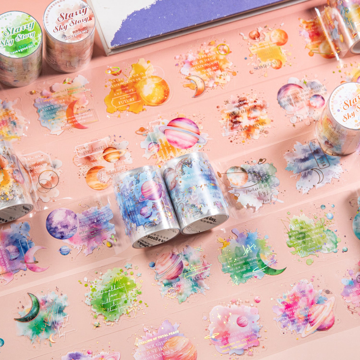 1 Roll Watercolor Planet PET Stickers Tape XKWY