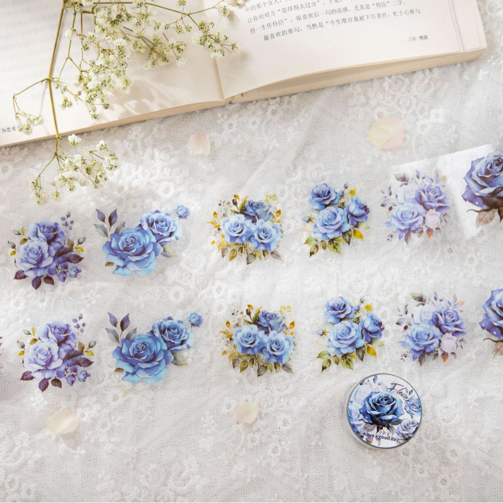 Romantic Watercolor Botanical Wreath Die-Cut PET Tape - Blue Flower