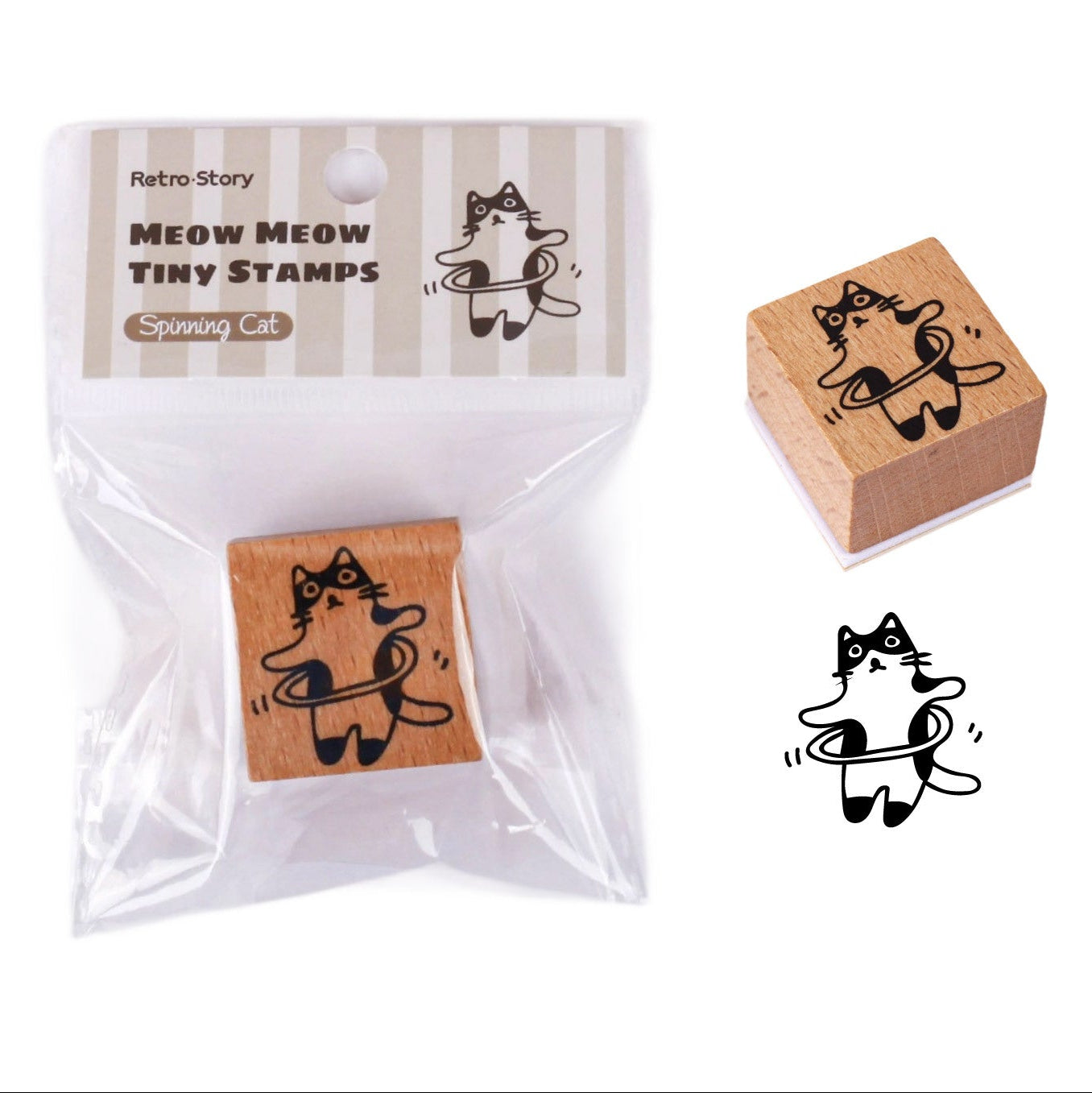 Kawaii Funny Cat Wood Stamp - Spinning Meow