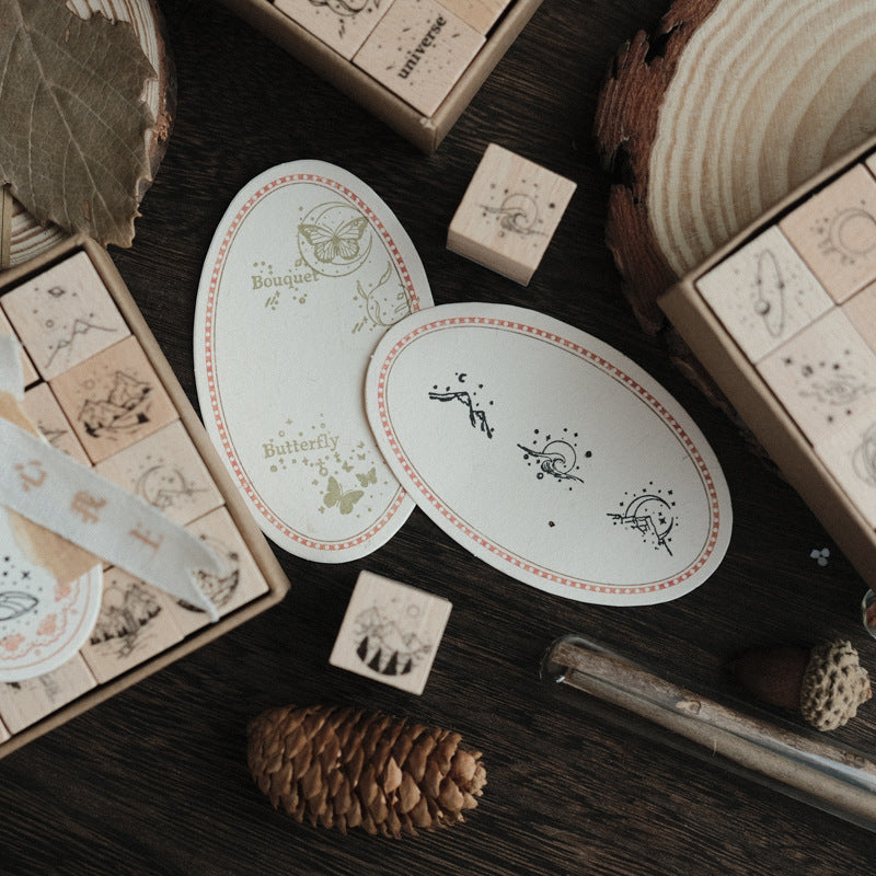 12 Pcs Astro-Chronicles Vintage Celestial Planet & Weather Stamp Set