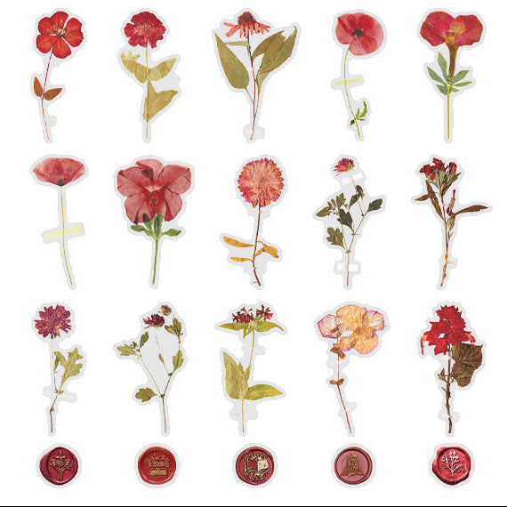 40 Pcs Vintage Pressed Flower Wax Seal Stickers- Red