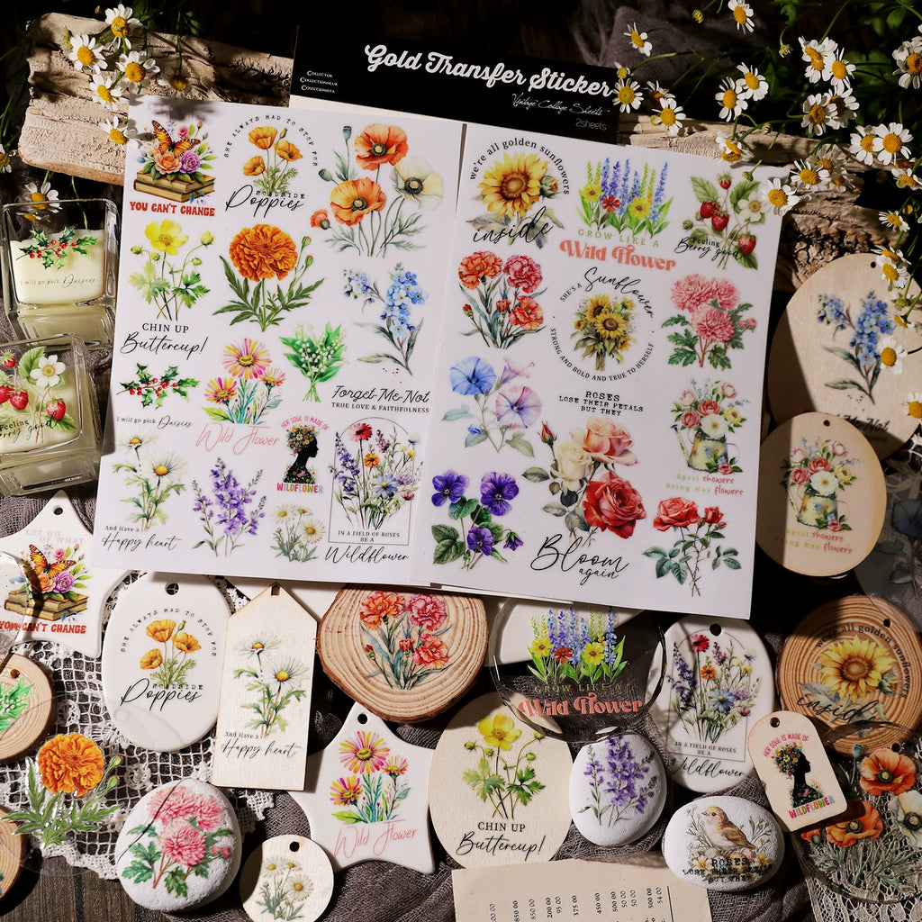 2 Sheets Waterproof Rub on Stickers - Flower Quotes