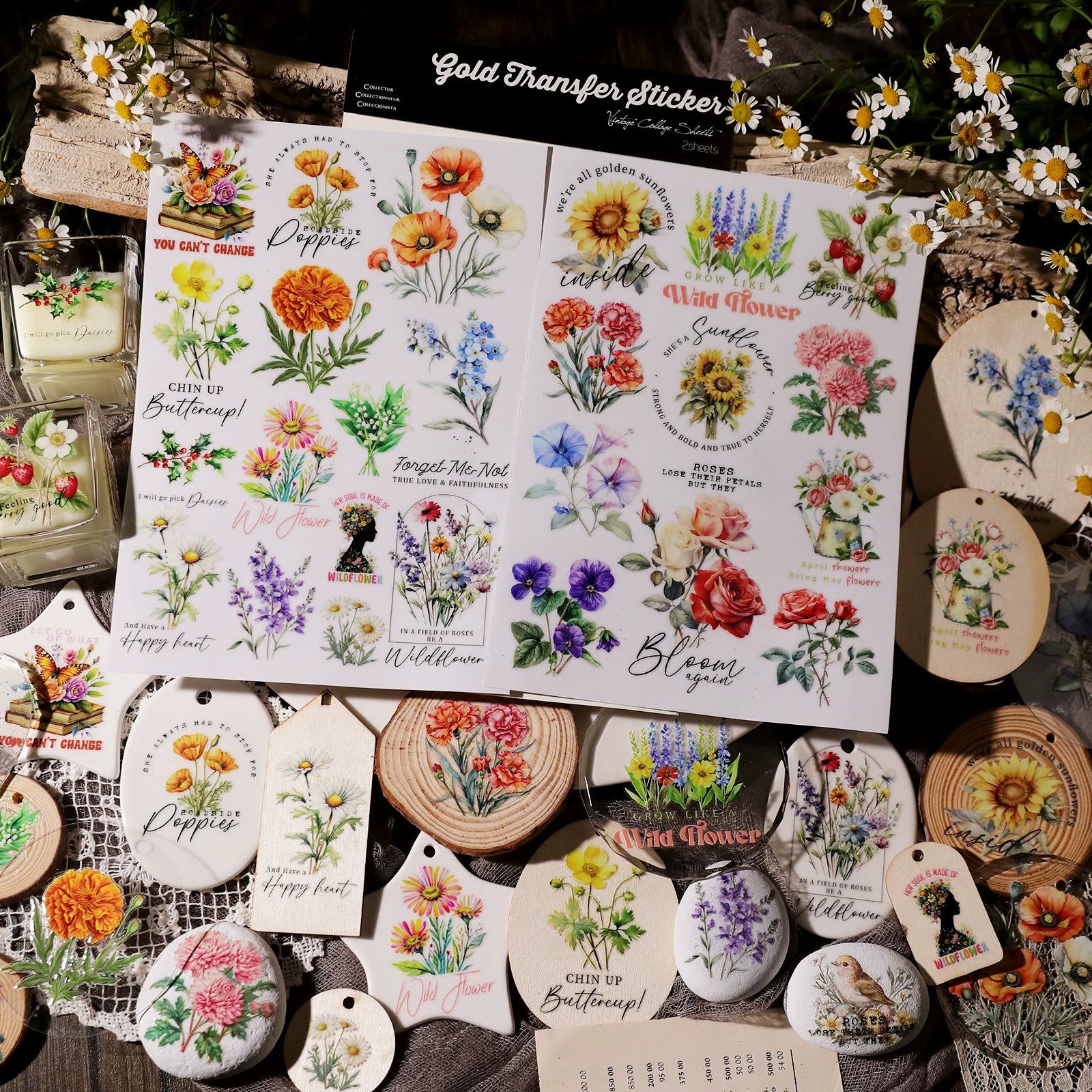 2 Sheets Waterproof Rub on Stickers - Flower Quotes