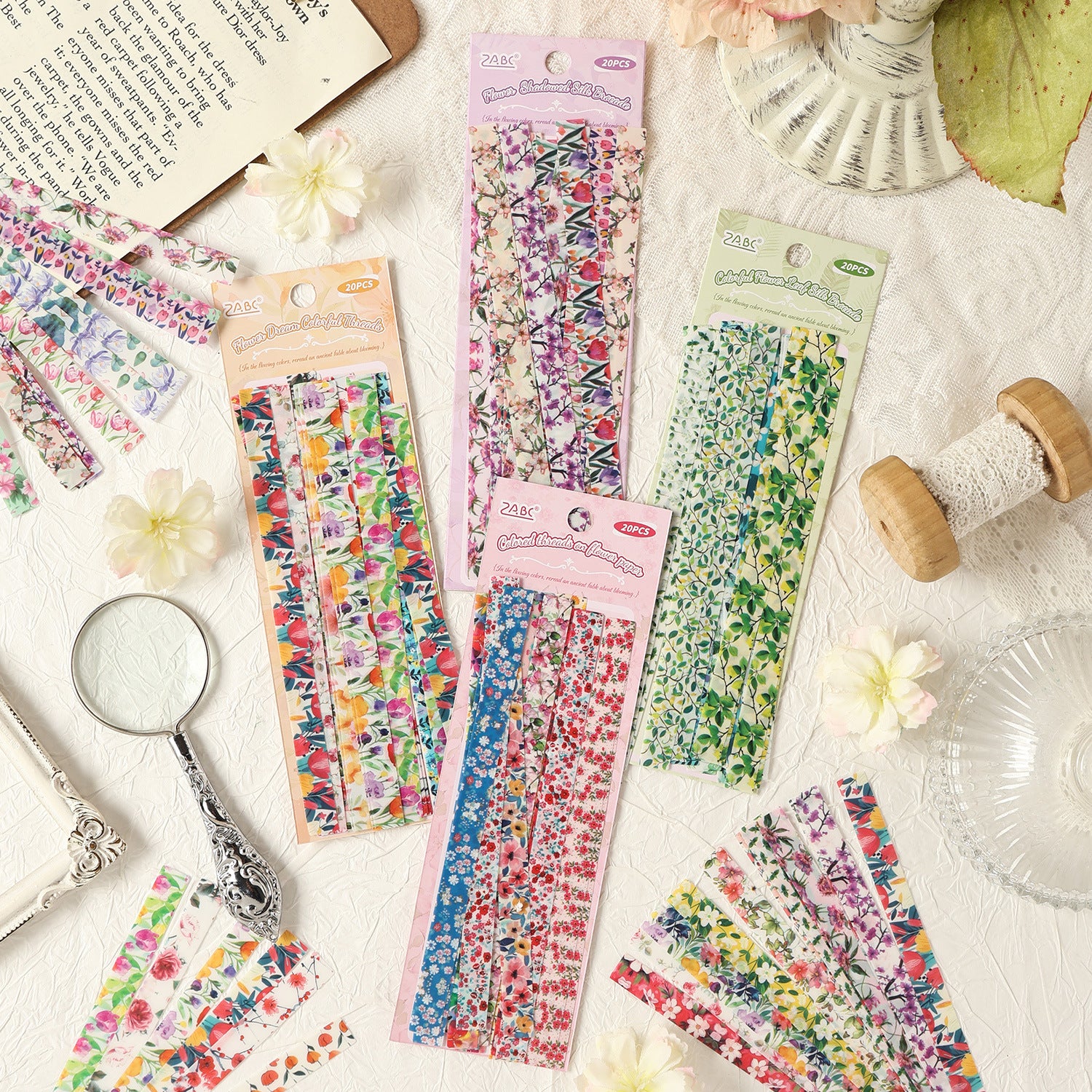 20 Pcs Floral Stripe PET Stickers HXCY