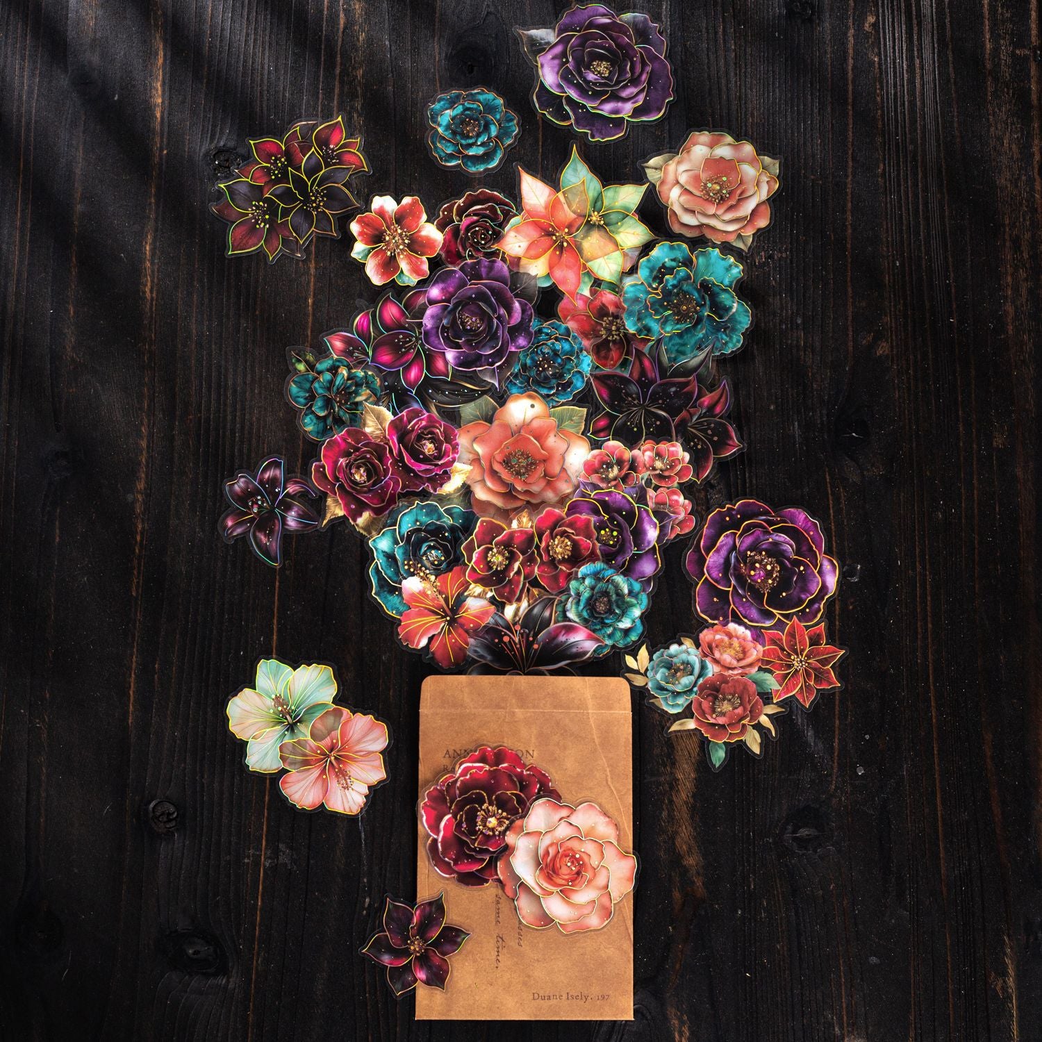 10 Pcs Gold Foil Flower PET Stickers HKSJ