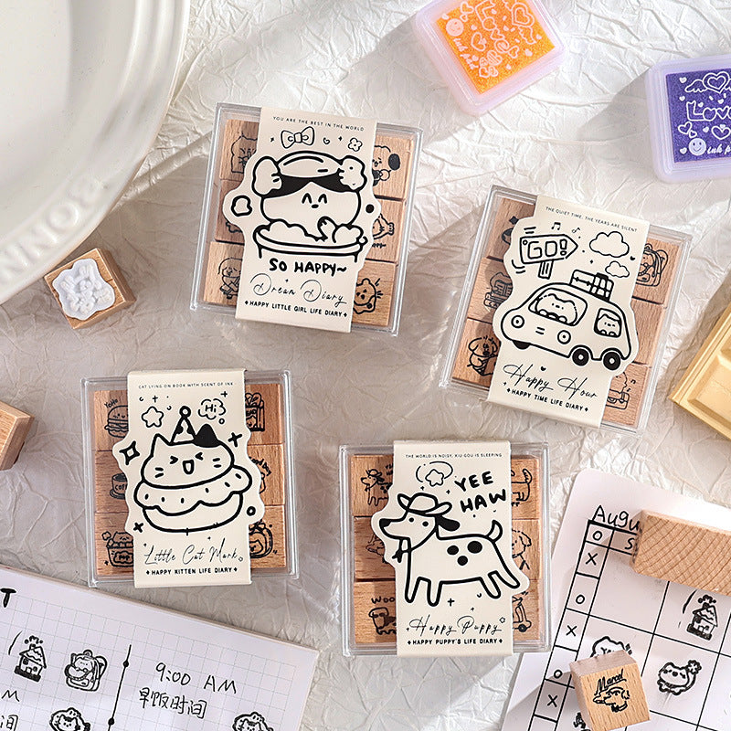 9 Pcs Cute Animal Wooden Stamp Set XZJS