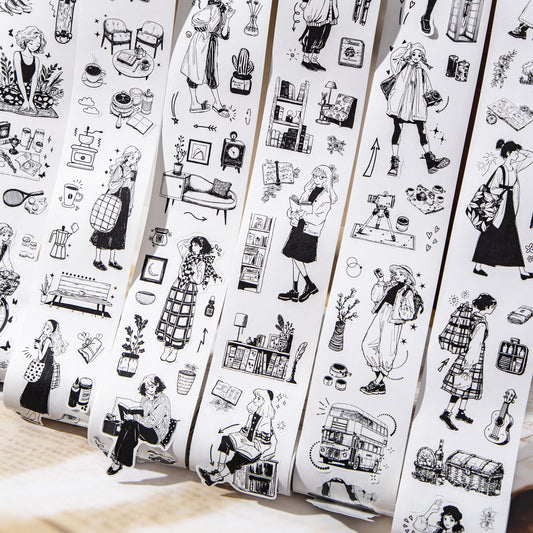 1 Roll Black White Girl Daily Washi Stickers Tape XRCX