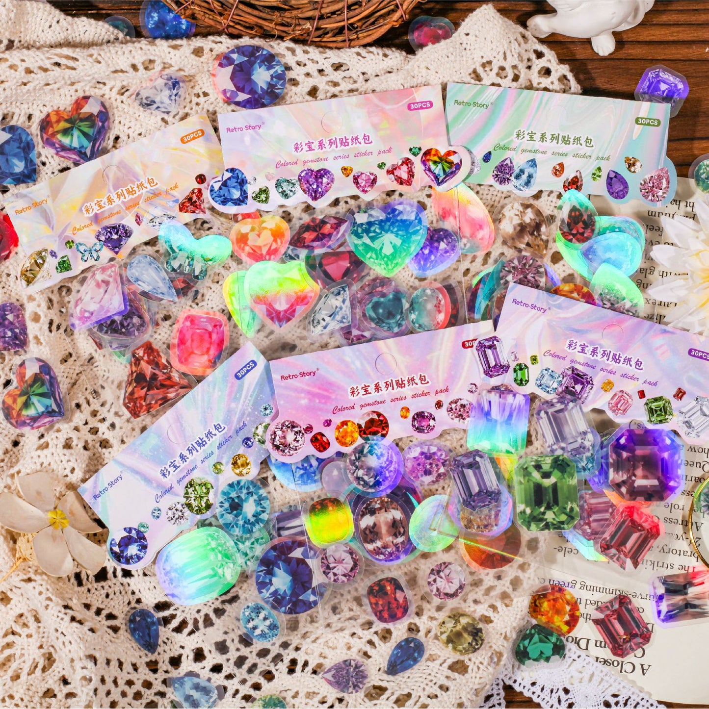 30 Pcs Holographic Gem PET Stickers CBXL