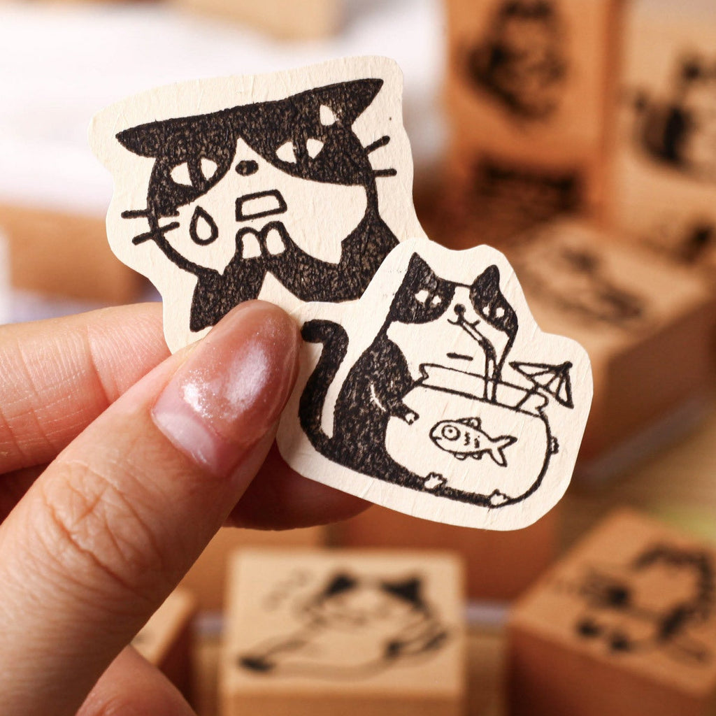Kawaii Funny Cat Wood Stamp - Hungry Meow