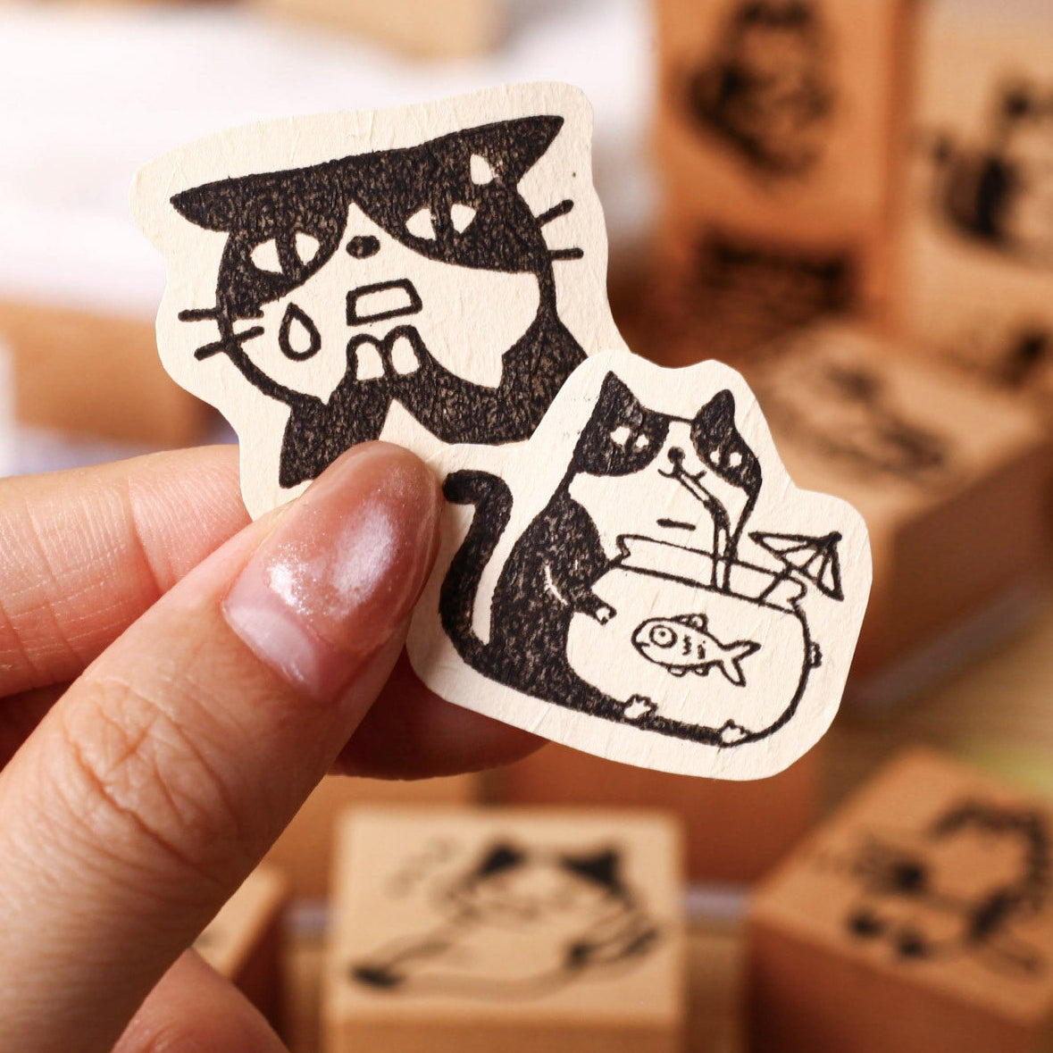 Kawaii Funny Cat Wood Stamp - Hungry Meow