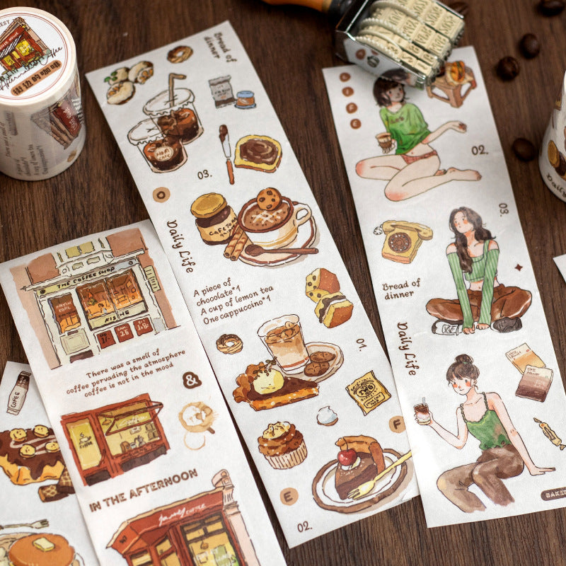 1 Roll Die-cut Coffee Themed PET Stickers Tape KFSJ