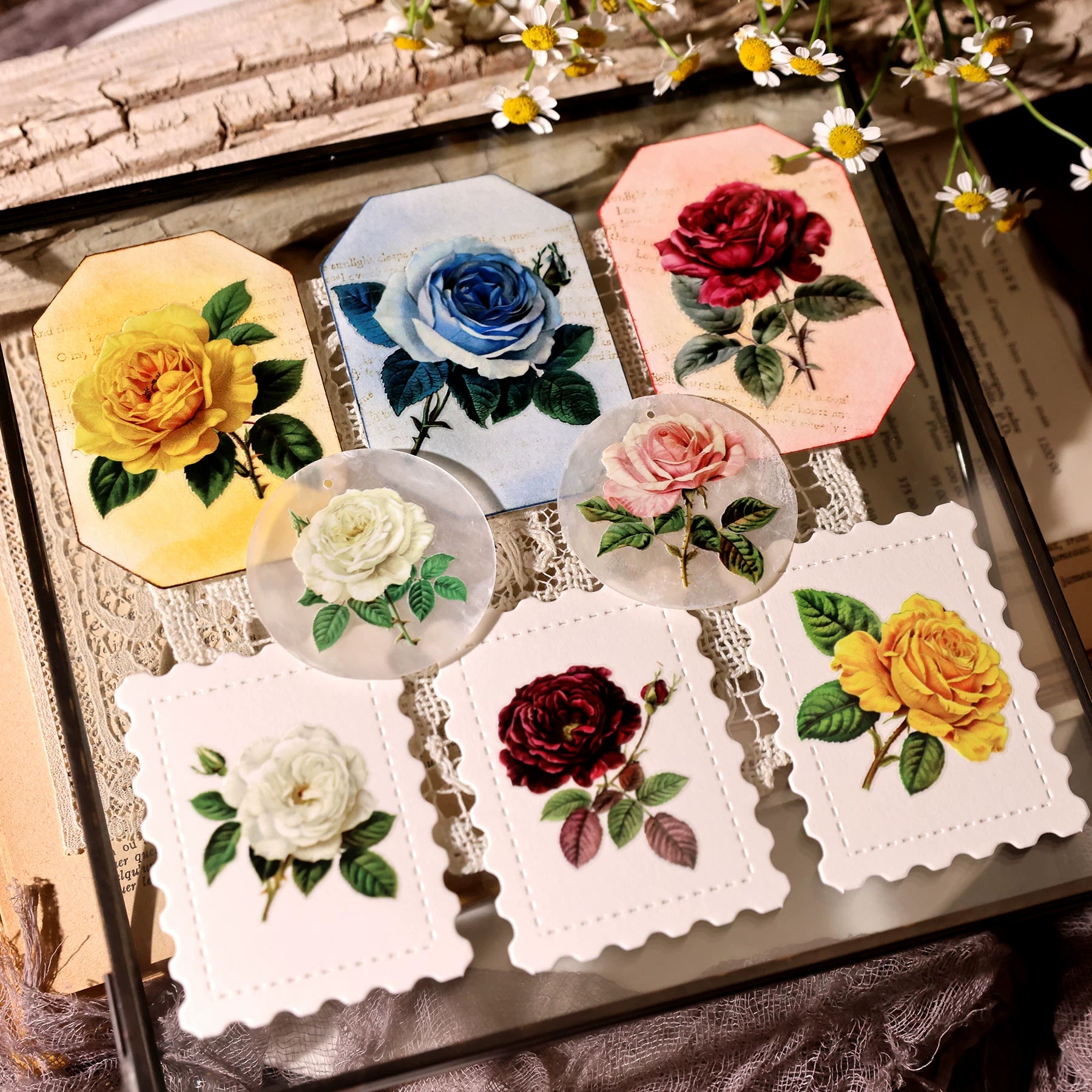 2 Sheets Waterproof Rub on Stickers - Vintage Rose
