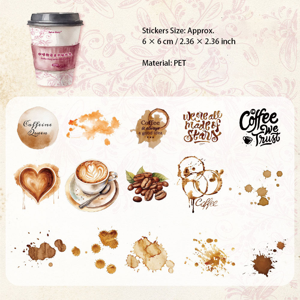 30 Pcs Coffee Themed PET Stickers KFWY