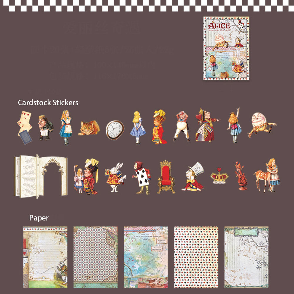 25 Pcs Alice Theme Scrapbook Paper and Cardstock Stickers ALSJC