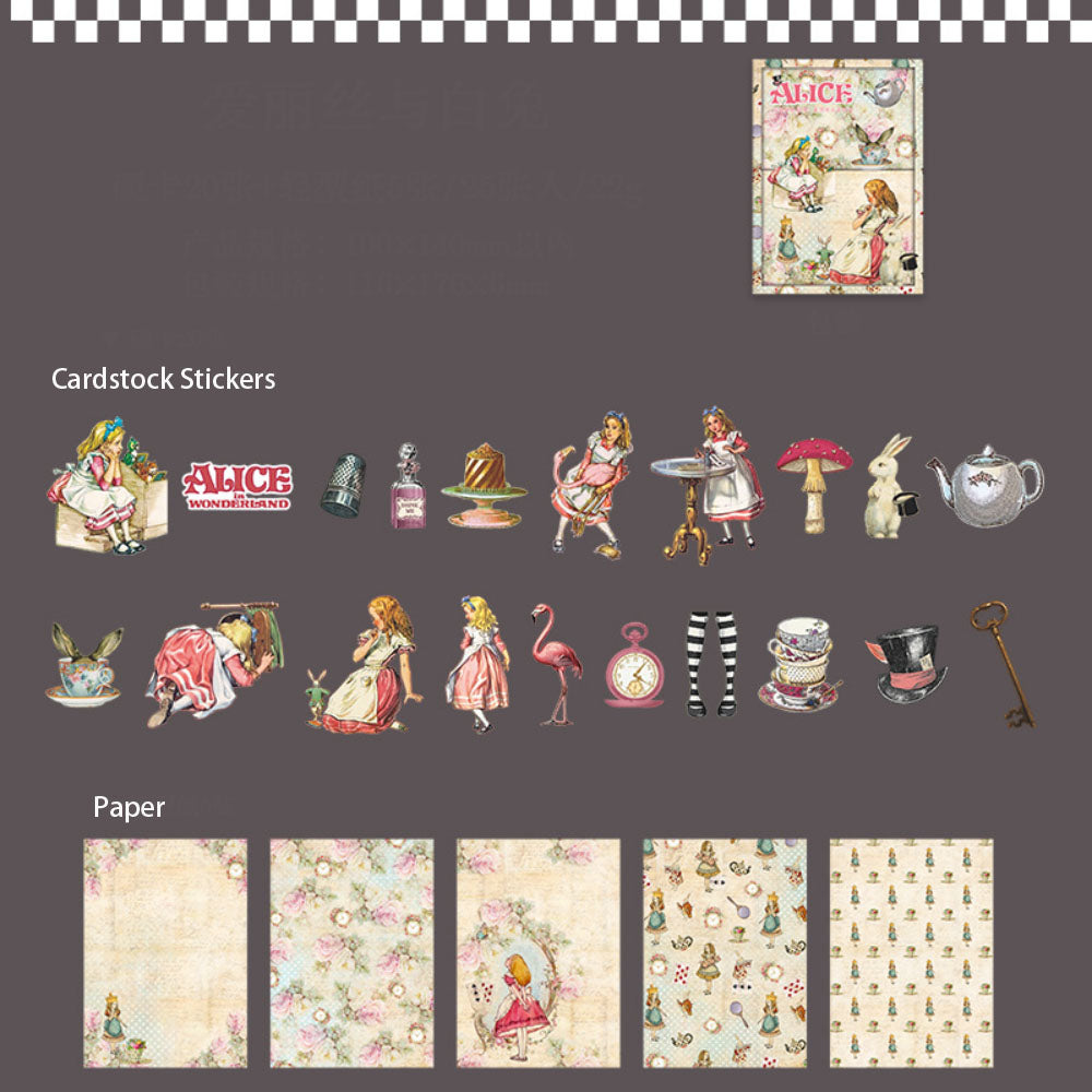 25 Pcs Alice Theme Scrapbook Paper and Cardstock Stickers ALSJC