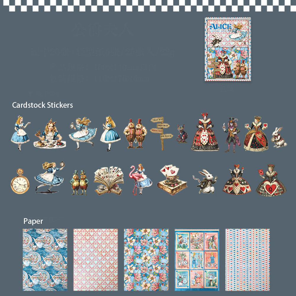 25 Pcs Alice Theme Scrapbook Paper and Cardstock Stickers ALSJC