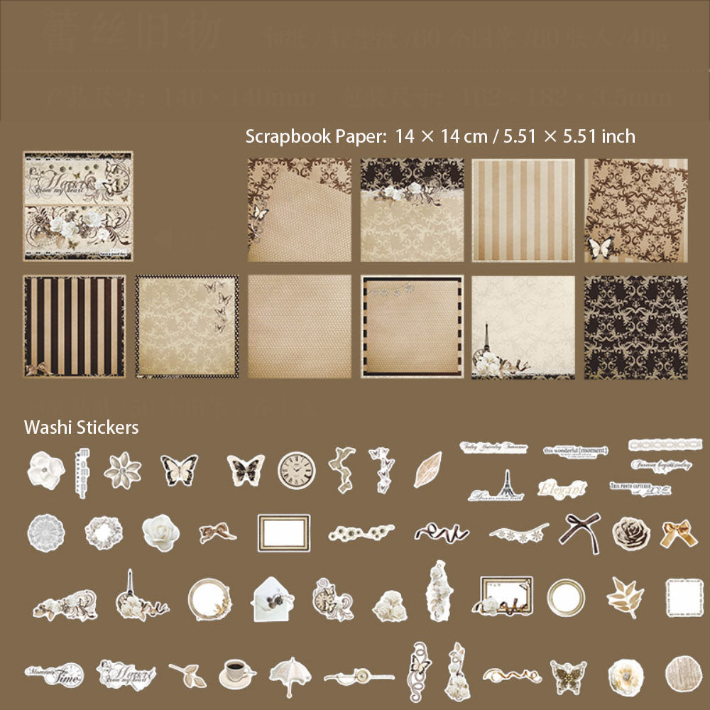 60 Pcs Vintage Scrapbook Paper and Stickers Kit SZJW