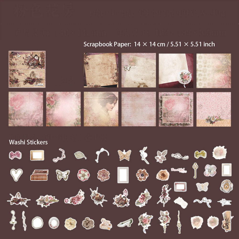 60 Pcs Vintage Scrapbook Paper and Stickers Kit SZJW