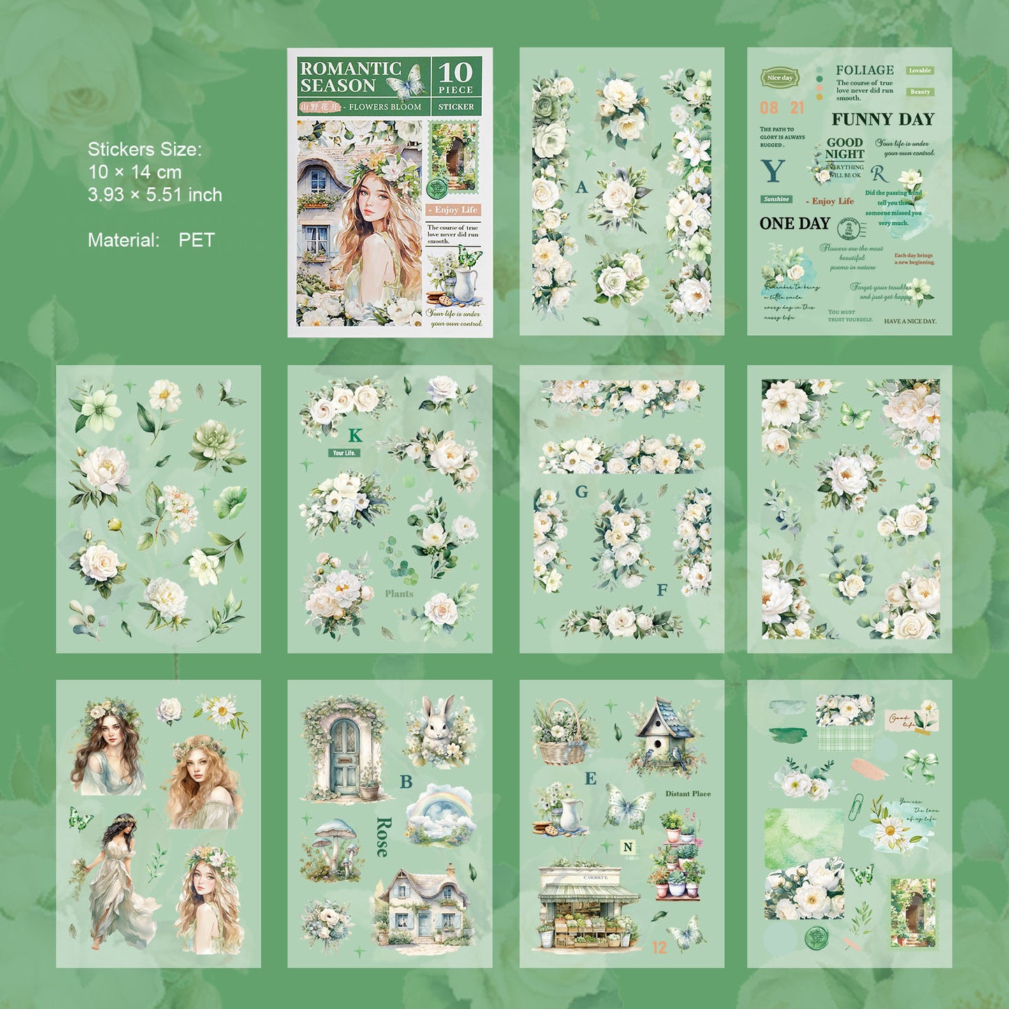 10 Sheets Garden Theme PET Stickers LMSJ